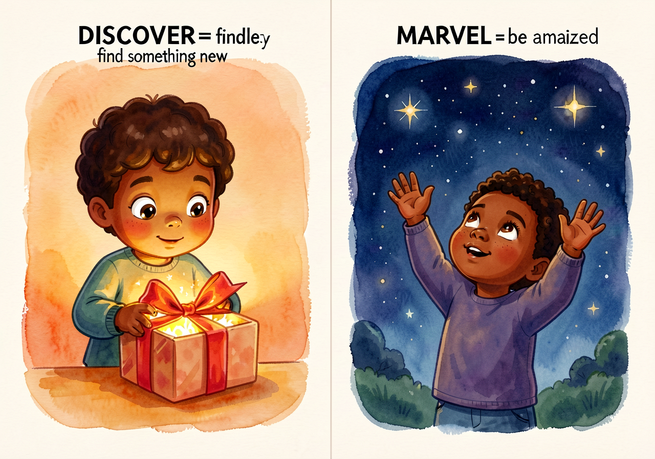 Two-panel card. Left: 'DISCOVER = find something new' with a child opening a wrapped gift, looking inside with wide eyes