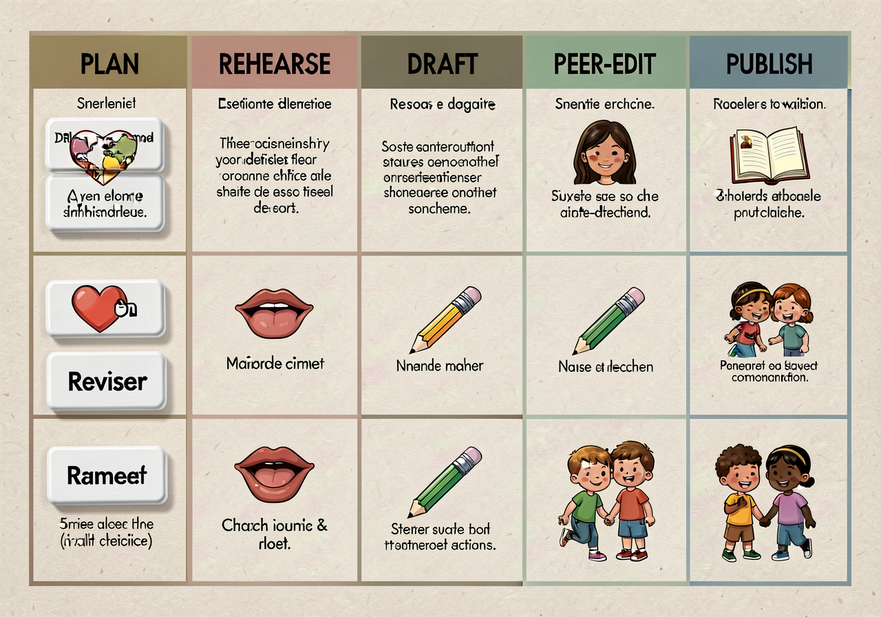 Photo-quality reproduction of MG-10 wall chart at 18x24: 6-column grid PLAN | REHEARSE | DRAFT | REVISE | PEER-EDIT | PU