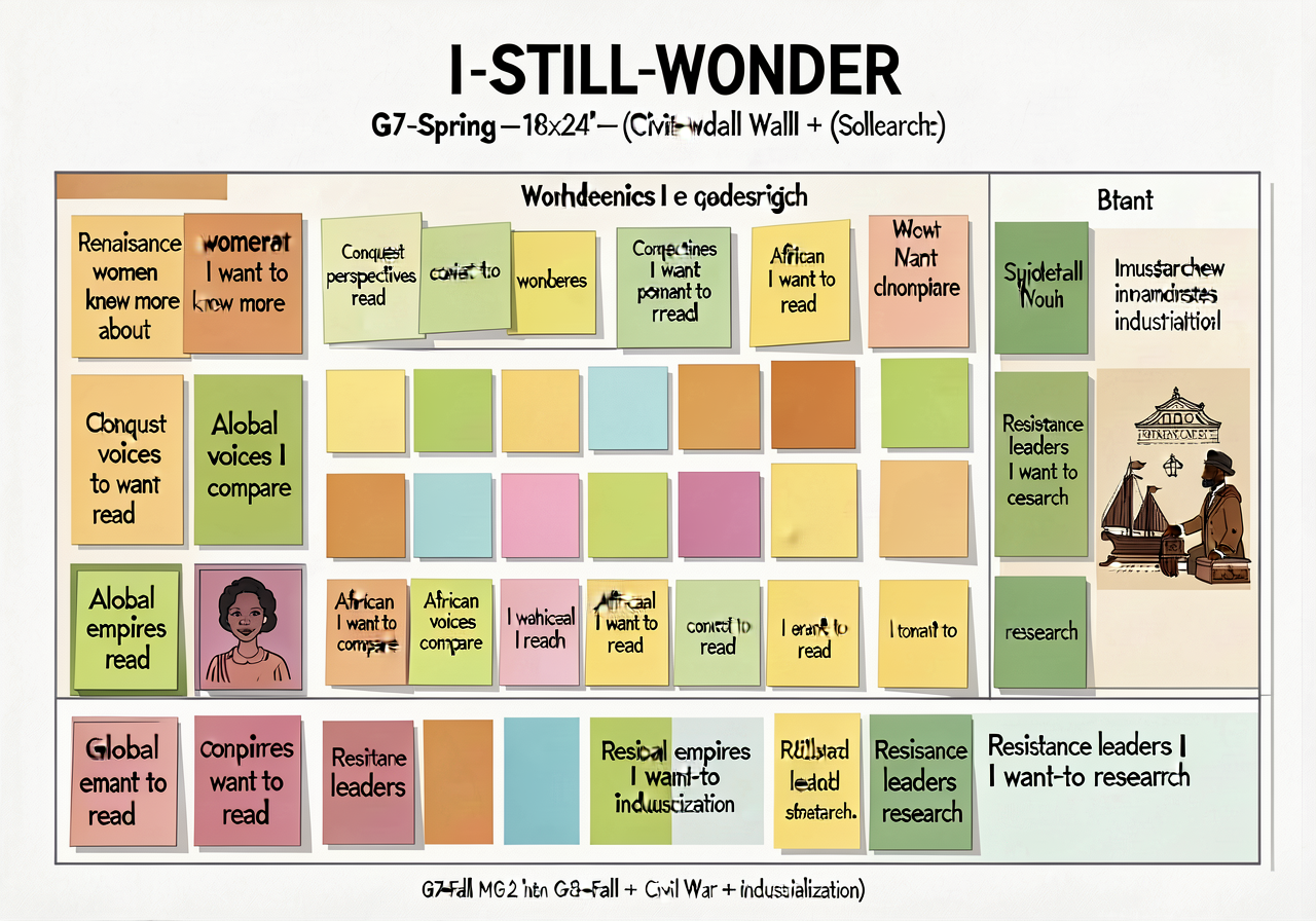 I-STILL-WONDER chart G7-Spring — 18x24 inch wall chart for unit-wide student wonderings sticky-note collection — carries