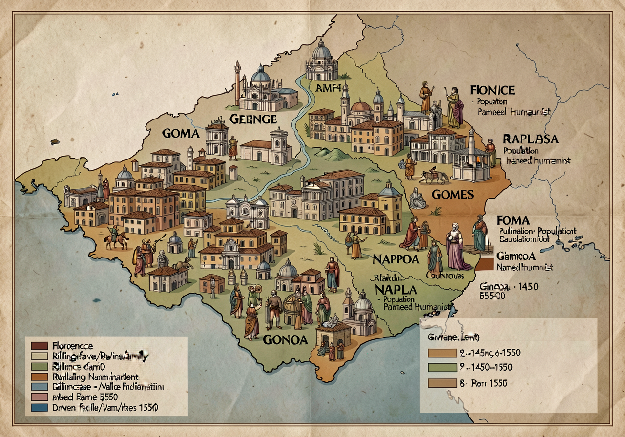 16x20 inch laminated MG-9 showing Florence/Venice/Milan/Rome/Naples/Genoa c.1450-1550 with color-coded governance legend