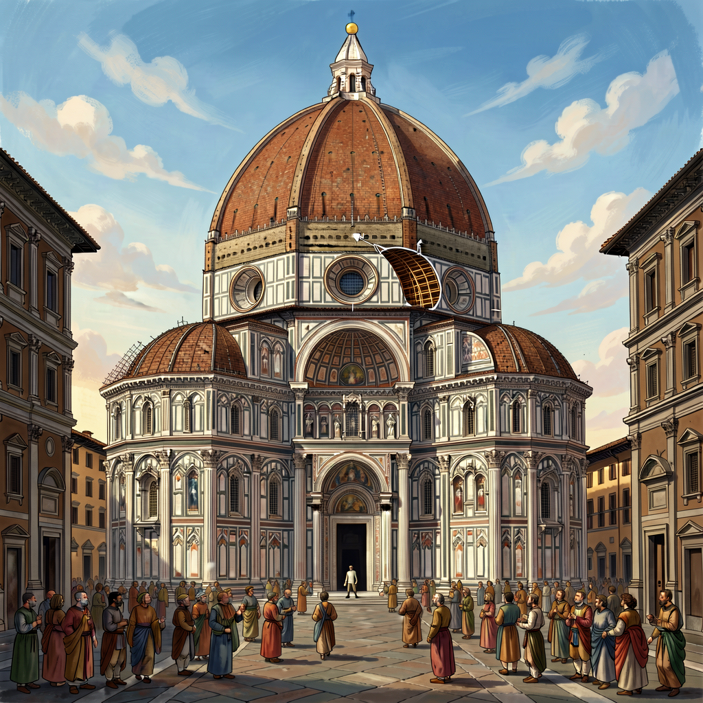 High-resolution color photograph of Brunelleschi's 1436 dome Santa Maria del Fiore Florence Cathedral with cutaway diagr