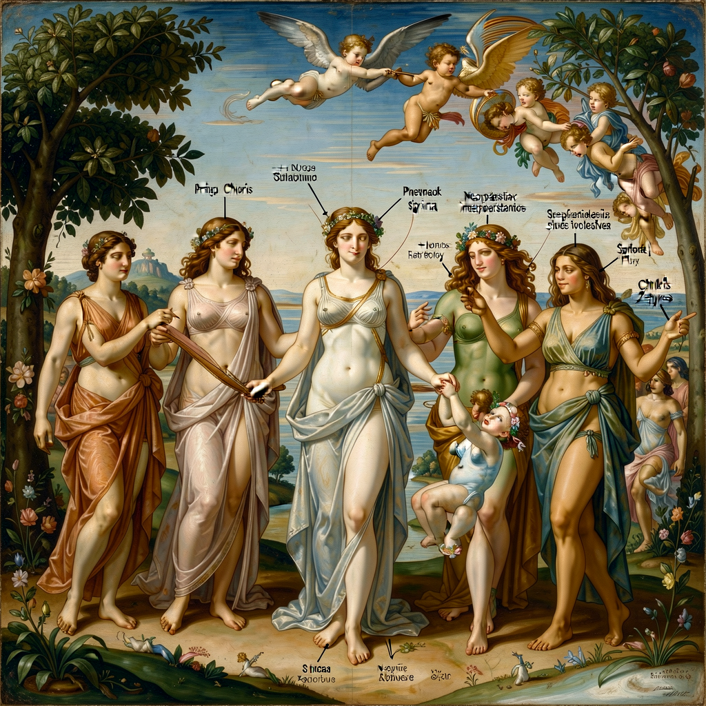 High-resolution reproduction of Sandro Botticelli's Primavera c.1482 Uffizi Florence with figure-key labels: Mercury / T