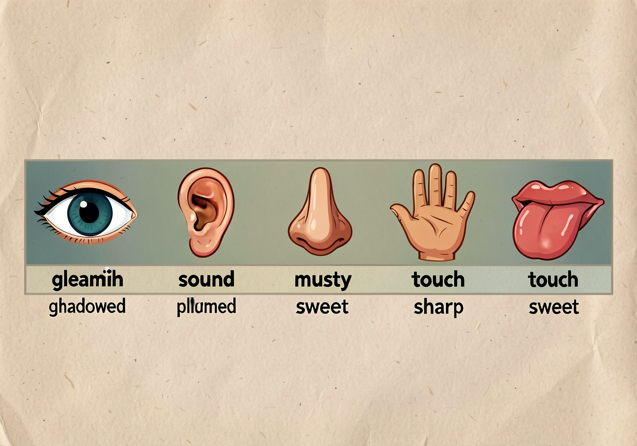 11x17 anchor: a horizontal strip of 5 large sense-icons (eye for sight, ear for hearing, nose for smell, hand for touch,