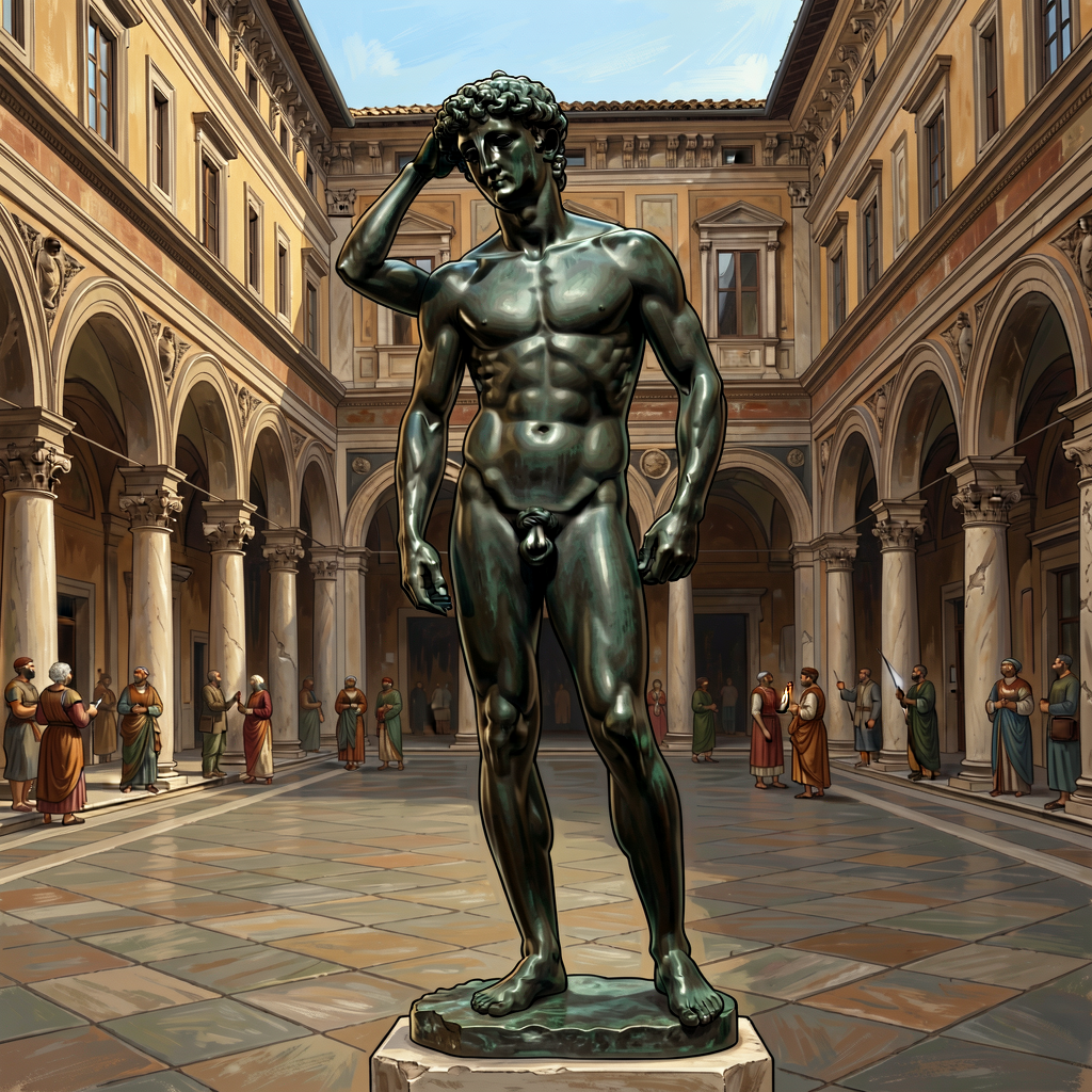 High-resolution photograph of Donatello's bronze David ~1440 Bargello Museum Florence — first life-size bronze nude sinc