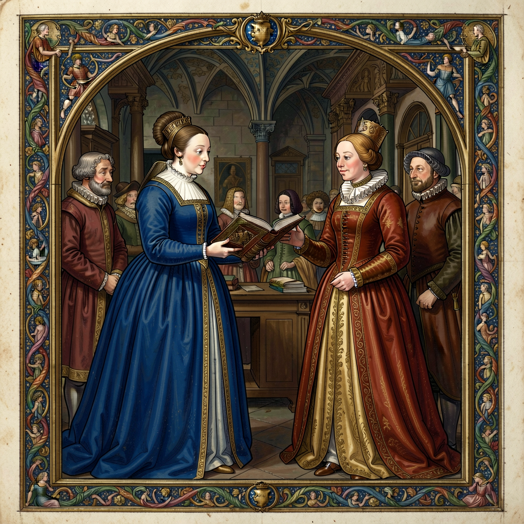 Illuminated manuscript reproduction of Christine de Pizan presenting her book to Queen Isabeau of Bavaria, City of Ladie
