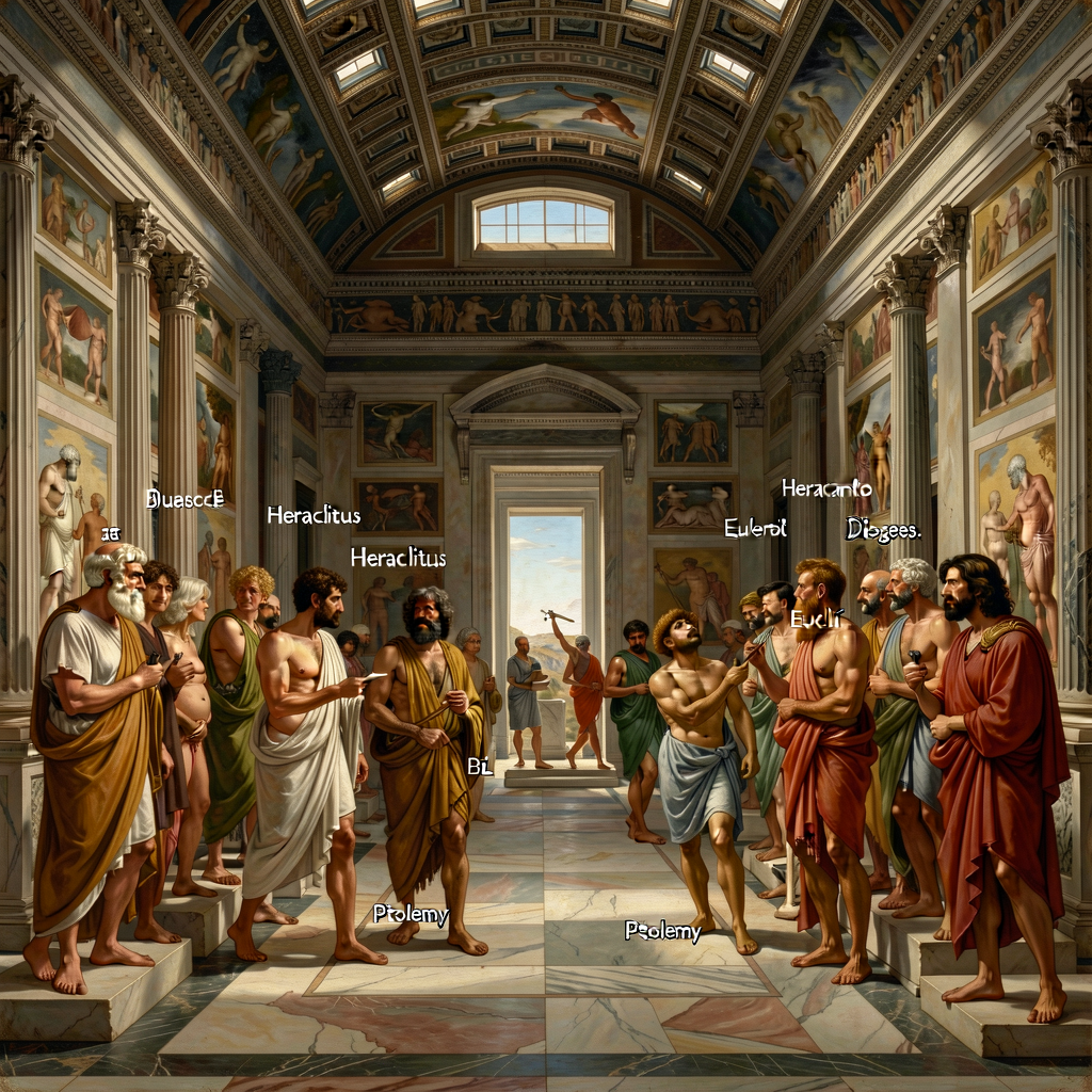High-resolution reproduction of Raphael's School of Athens 1511 Vatican Stanza della Segnatura with 21-figure key overla