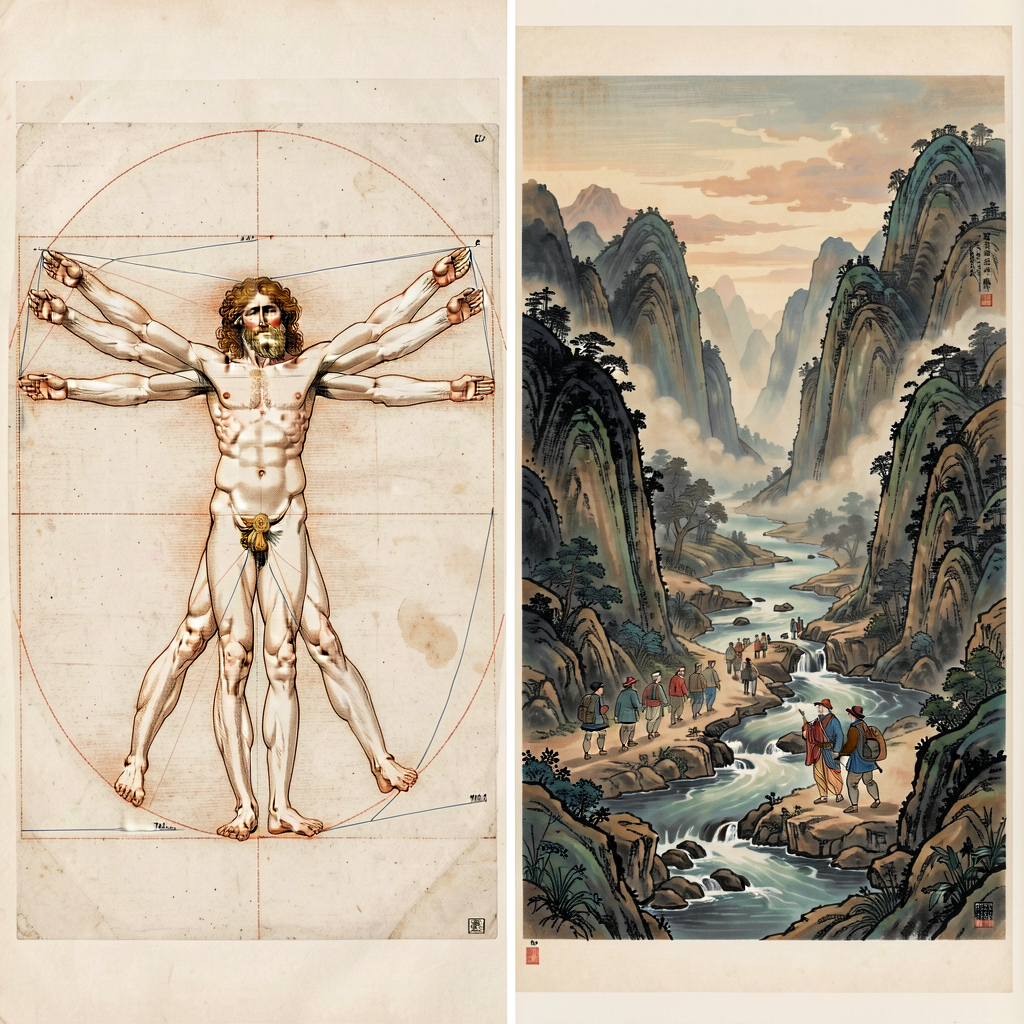 Pair: Leonardo Vitruvian Man 1490 (Gallerie dell'Accademia Venice) high-resolution + Fan Kuan c.990 Travelers Among Stre