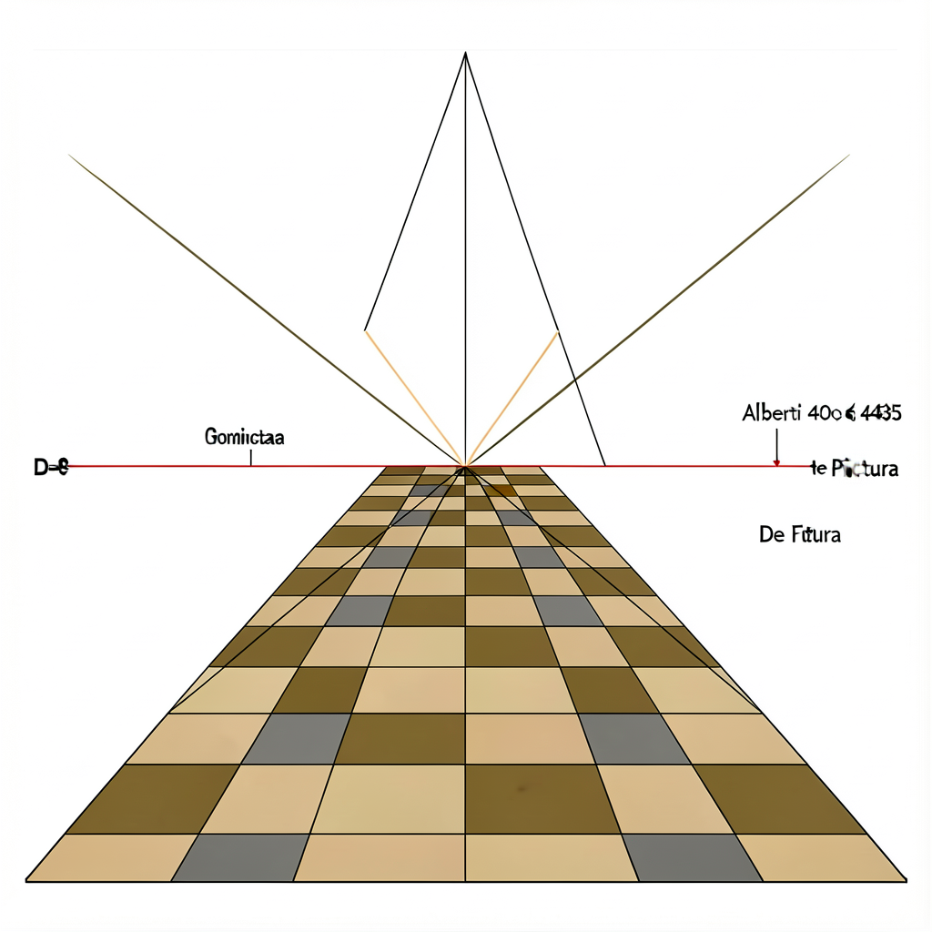 Diagram from Alberti's 1435 De Pictura showing one-point linear perspective construction: vanishing point + horizon line