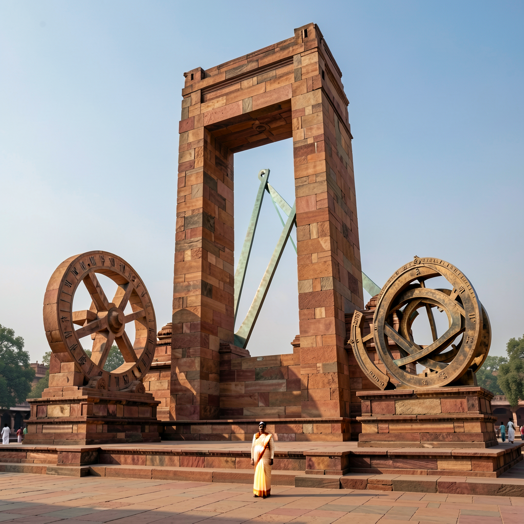 High-resolution photograph of Jantar Mantar Jaipur 1734 — Samrat Yantra (27m sundial) + Rashi Yantras + Jaiprakash Yantr