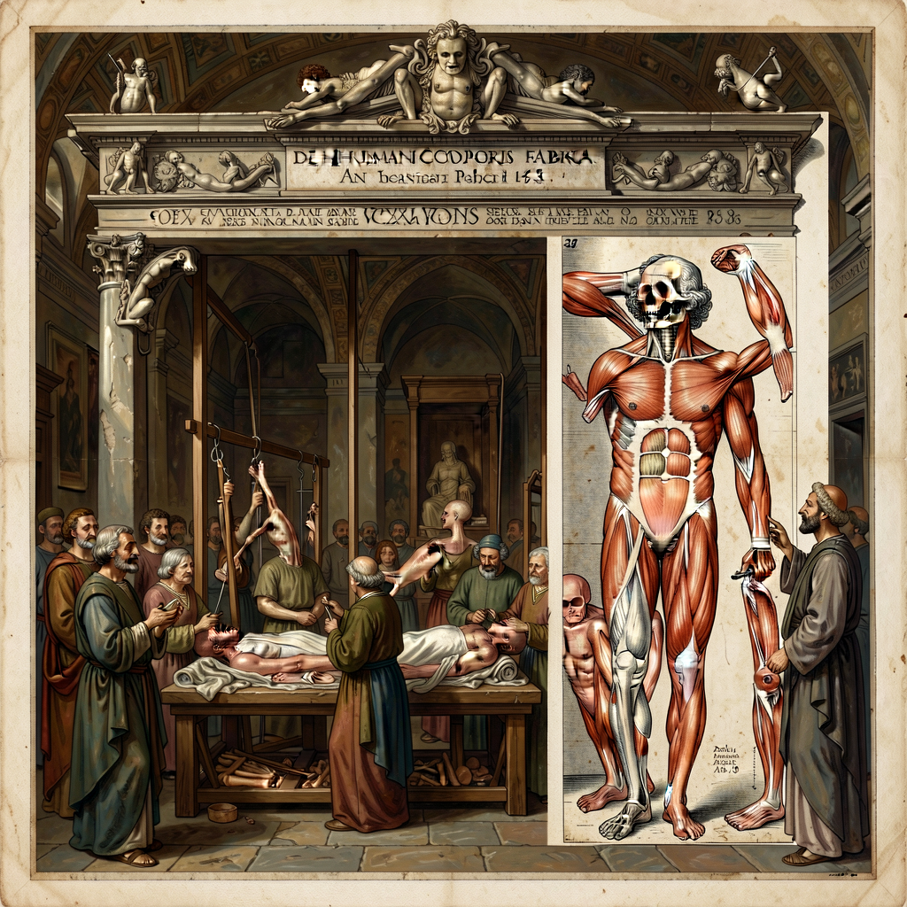 High-resolution reproduction of Andreas Vesalius De humani corporis fabrica 1543 frontispiece showing dissection theater