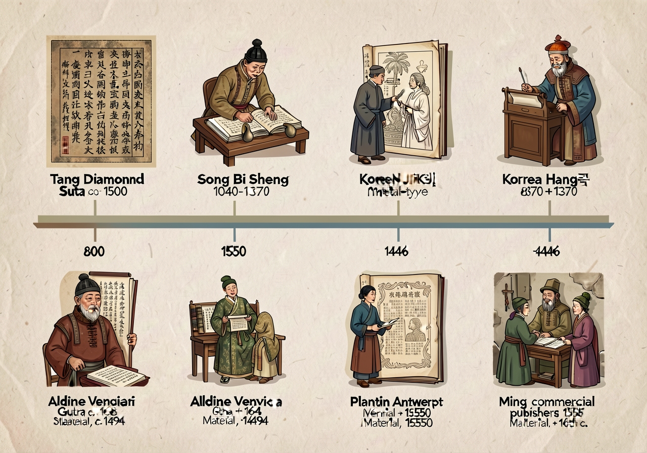 36x12 inch laminated MG-11 timeline showing print-revolution events 800-1500: Tang Diamond Sutra 868 woodblock + Song Bi