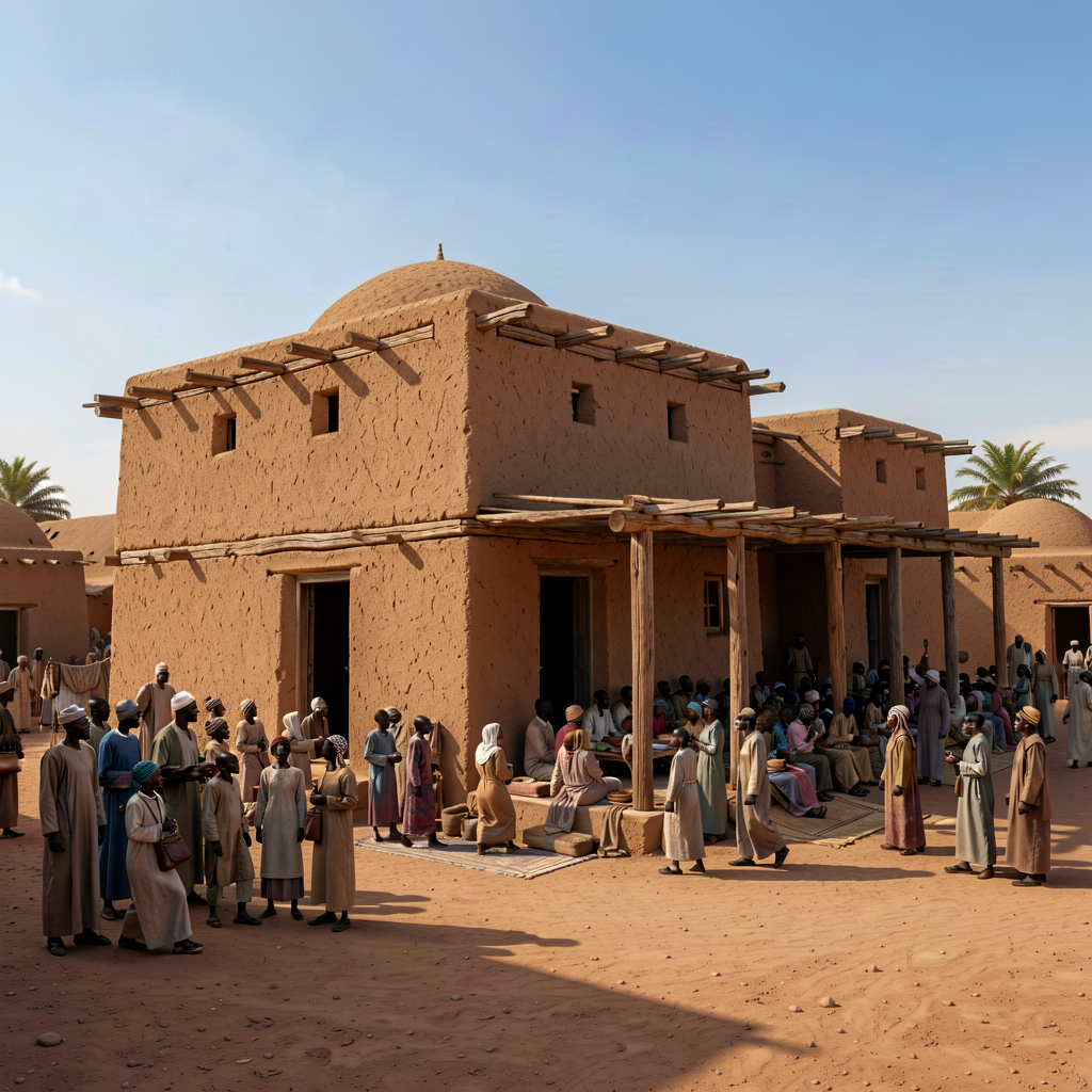 High-resolution photograph of Sankore Mosque Timbuktu — 14th-century original with later renovations; mud-brick + wooden