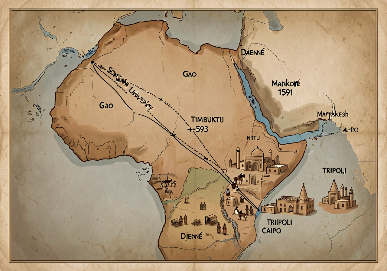 16x20 inch detail map showing Songhai Empire 1493-1591 with Gao + Timbuktu + Djenné labeled + Niger River + trans-Sahara