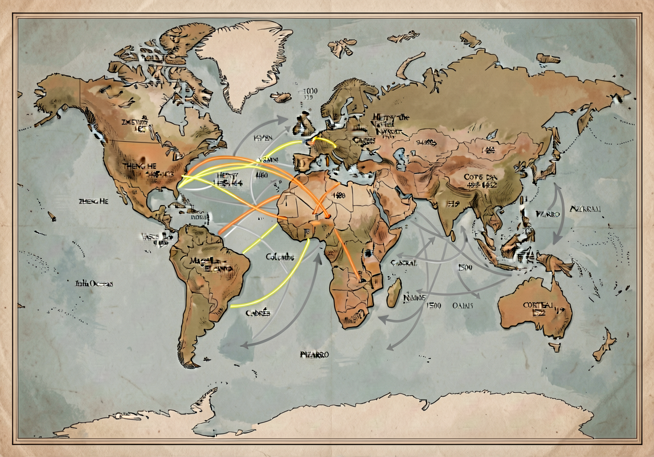 30x36 inch wall map MG-12 showing major global voyages 1405-1525 with color-coded routes: Zheng He 1405-1433 SEVEN voyag