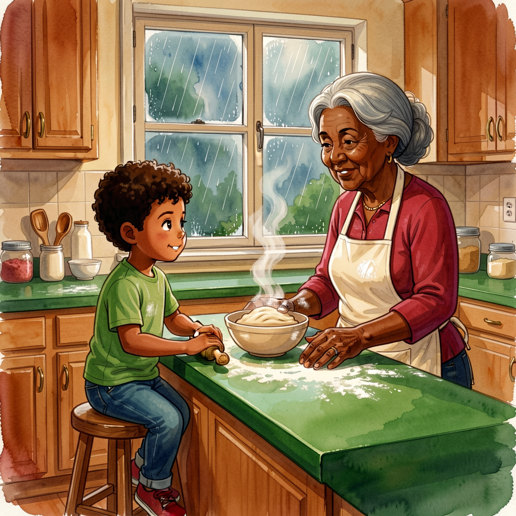 Reference image to accompany the kitchen-orientation model: a Grade-3 child on a stool beside a grandmother at a green c