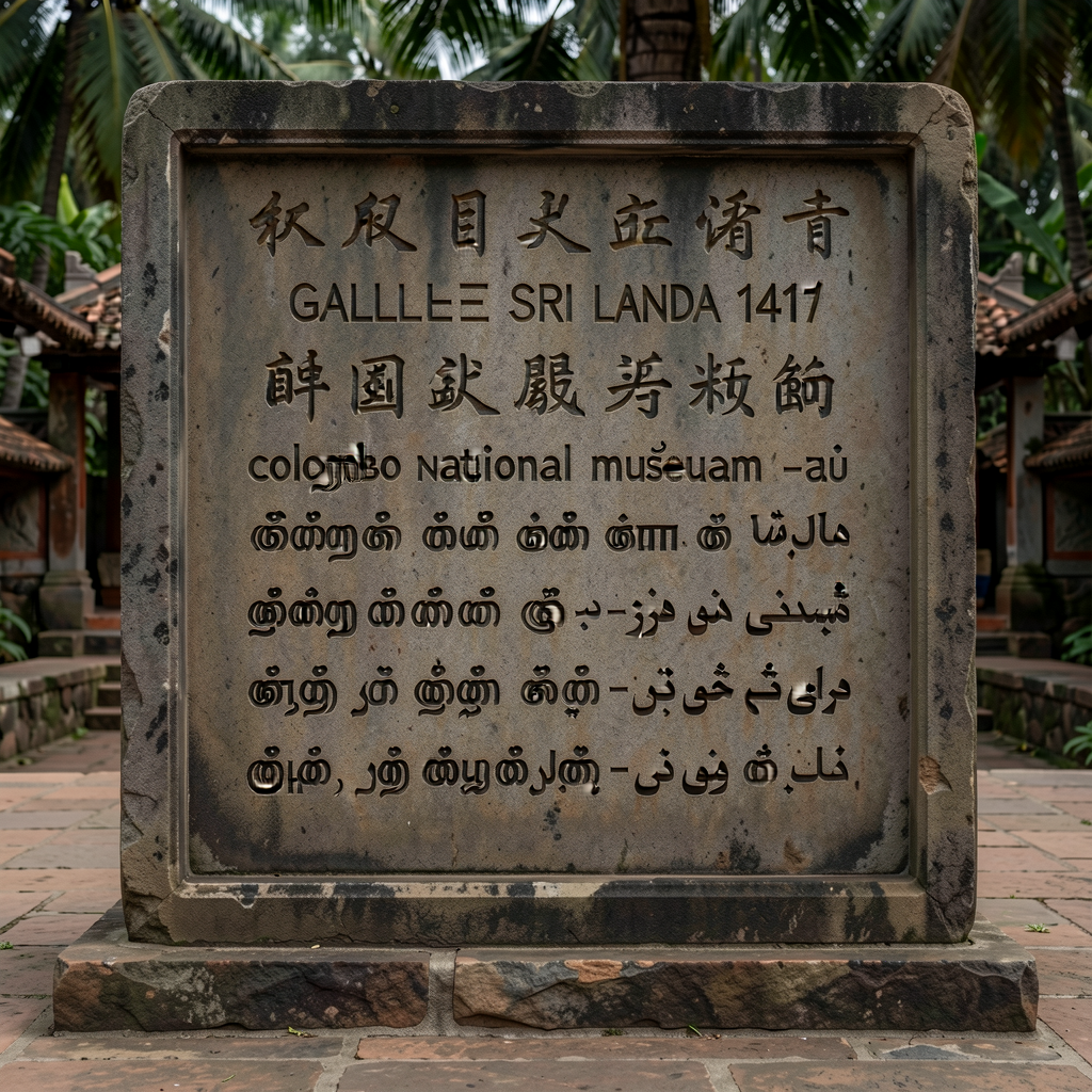 Photograph of Zheng He's trilingual stone inscription Galle Sri Lanka 1411 (Colombo National Museum) — Chinese + Tamil +