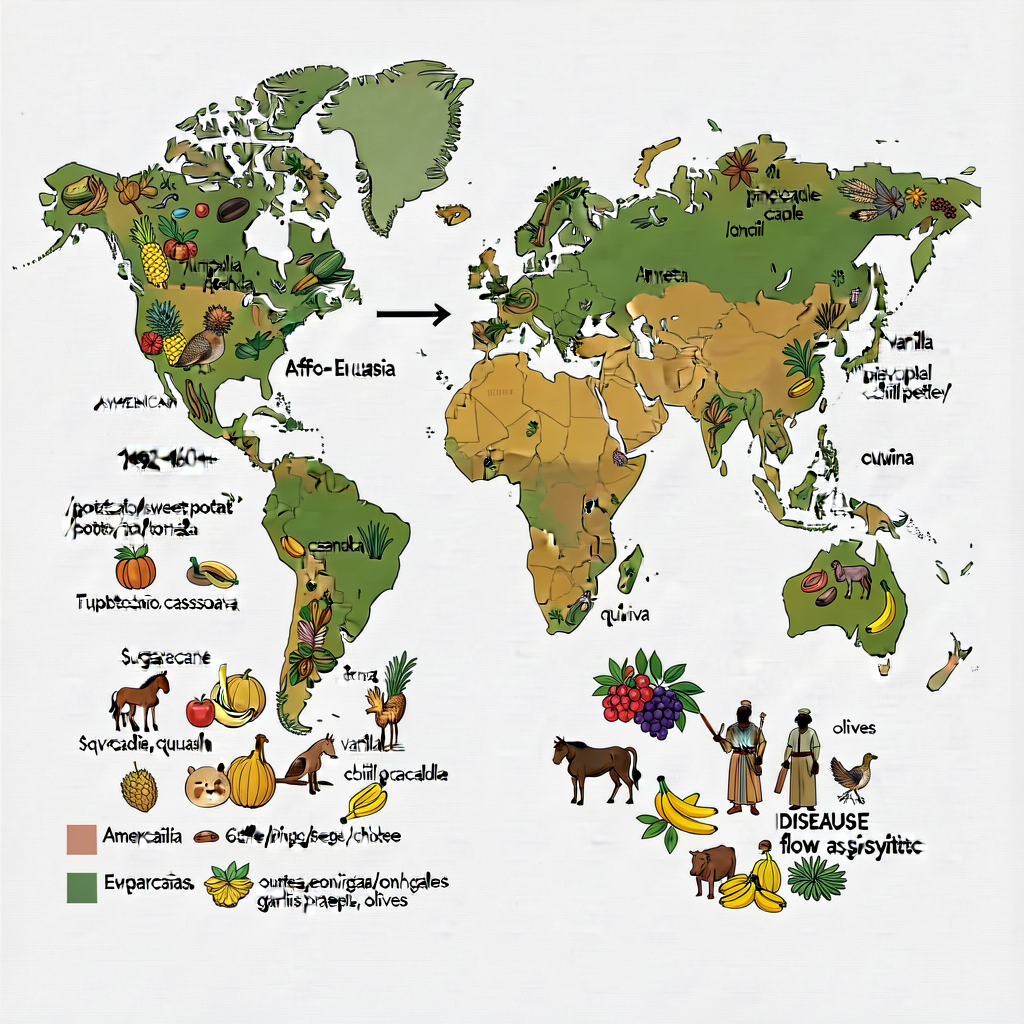 24x36 inch wall poster MG-15 showing two-way biological + cultural + ecological flows 1492-1600+. American → Afro-Eurasi