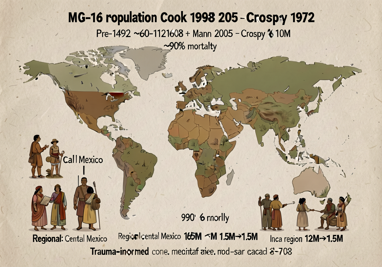18x24 inch chart MG-16 showing population per Cook 1998 + Mann 2005 + Crosby 1972: Pre-1492 ~60-112M; 1600 ~6-10M; ~90% 