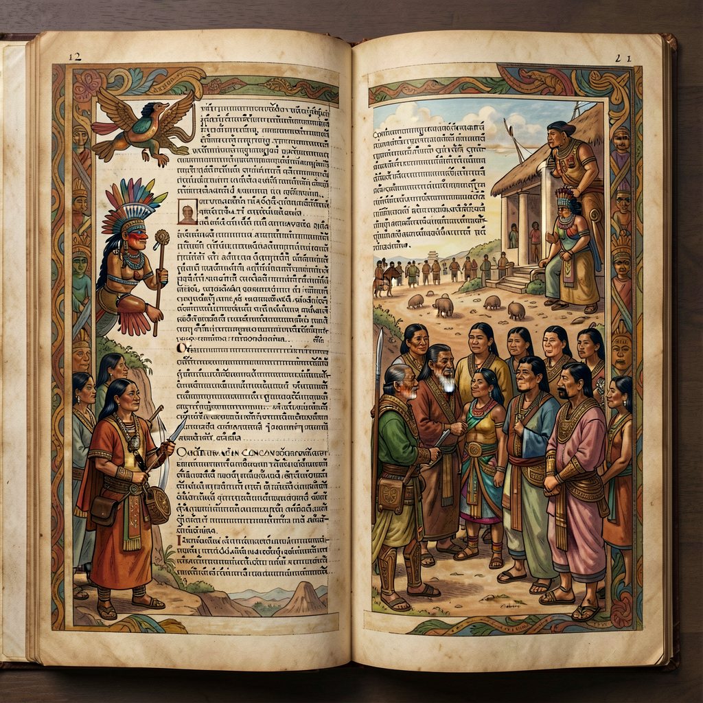 High-resolution reproduction of Florentine Codex Book 12 (Conquest) illustrated folio depicting Mexica perspective with 