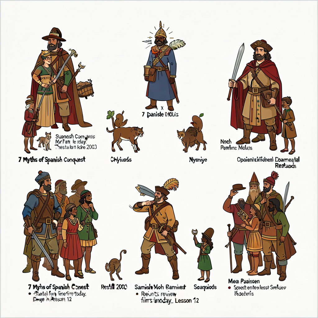 24x36 inch laminated MG-14 naming all 7 myths of Spanish Conquest per Restall 2003 — students review for first time toda