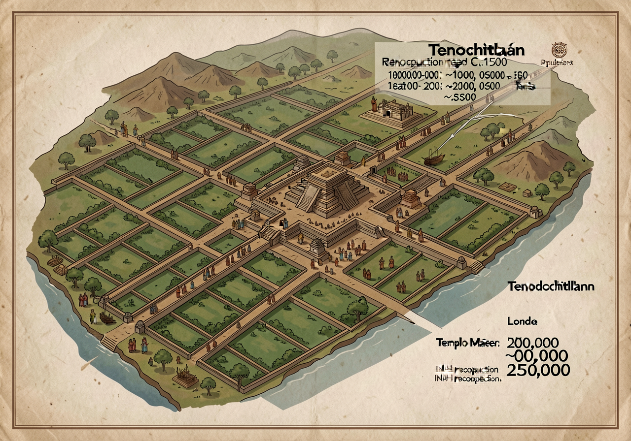 High-resolution Tenochtitlán reconstruction map c.1500 showing causeways + chinampa agriculture + sacred precinct + Temp