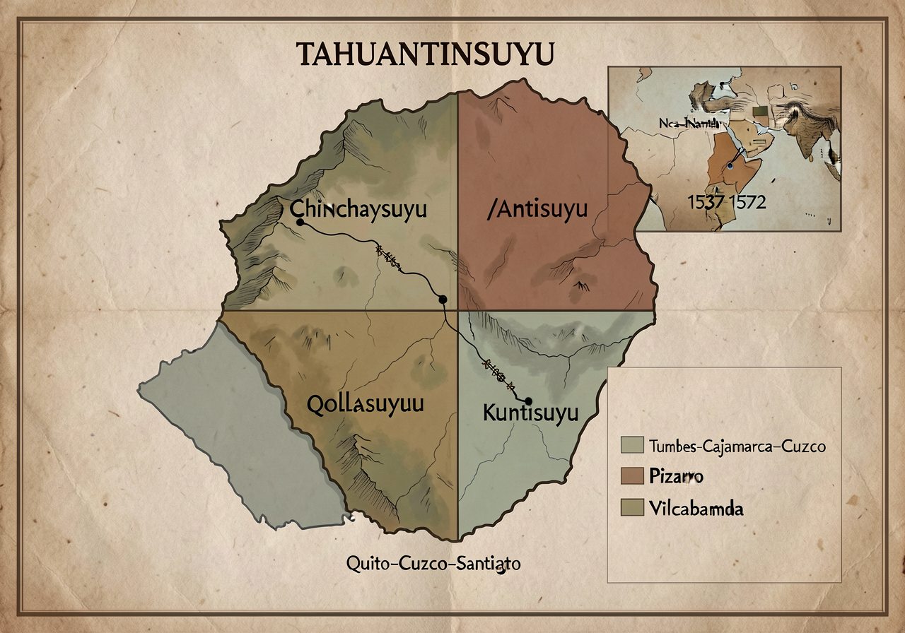 24x36 inch map showing Tahuantinsuyu at peak 1530 (Quito-Cuzco-Santiago) with 4 quarters labeled (Chinchaysuyu/Antisuyu/