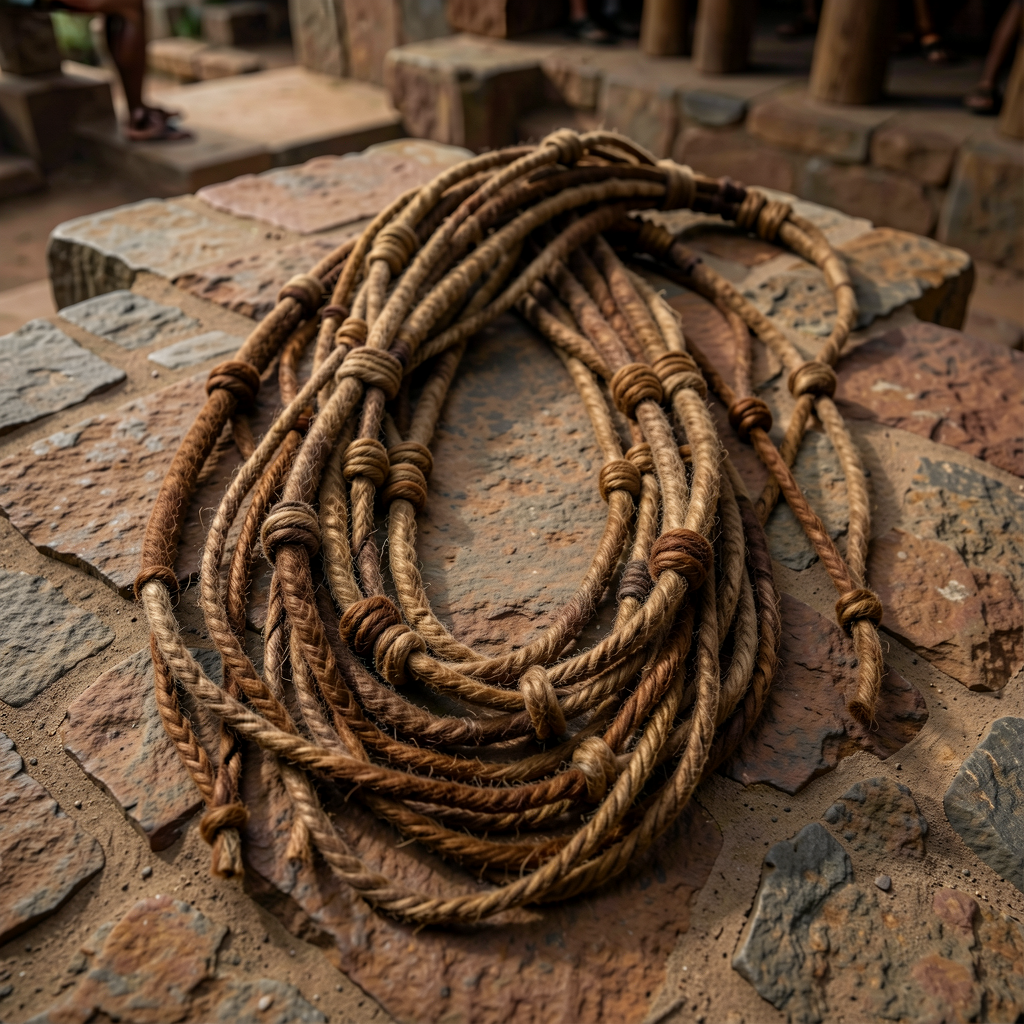 High-resolution photograph of Inca khipu (knot-record) — wool-cord primary cord with secondary cords + knots; per Urton 