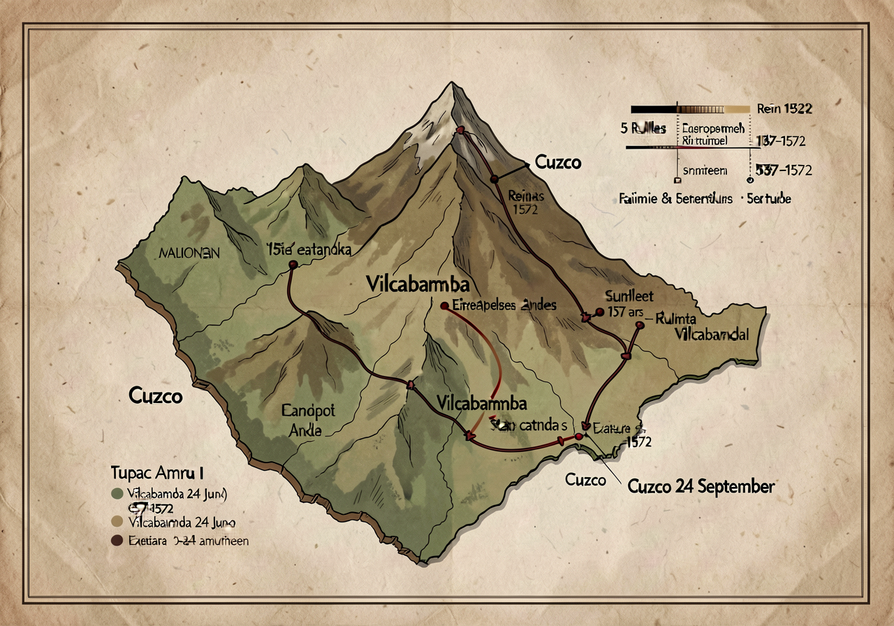 18x24 inch map showing Vilcabamba state in remote eastern Andes 1537-1572 with 5 rulers' reigns timeline + Cuzco locatio