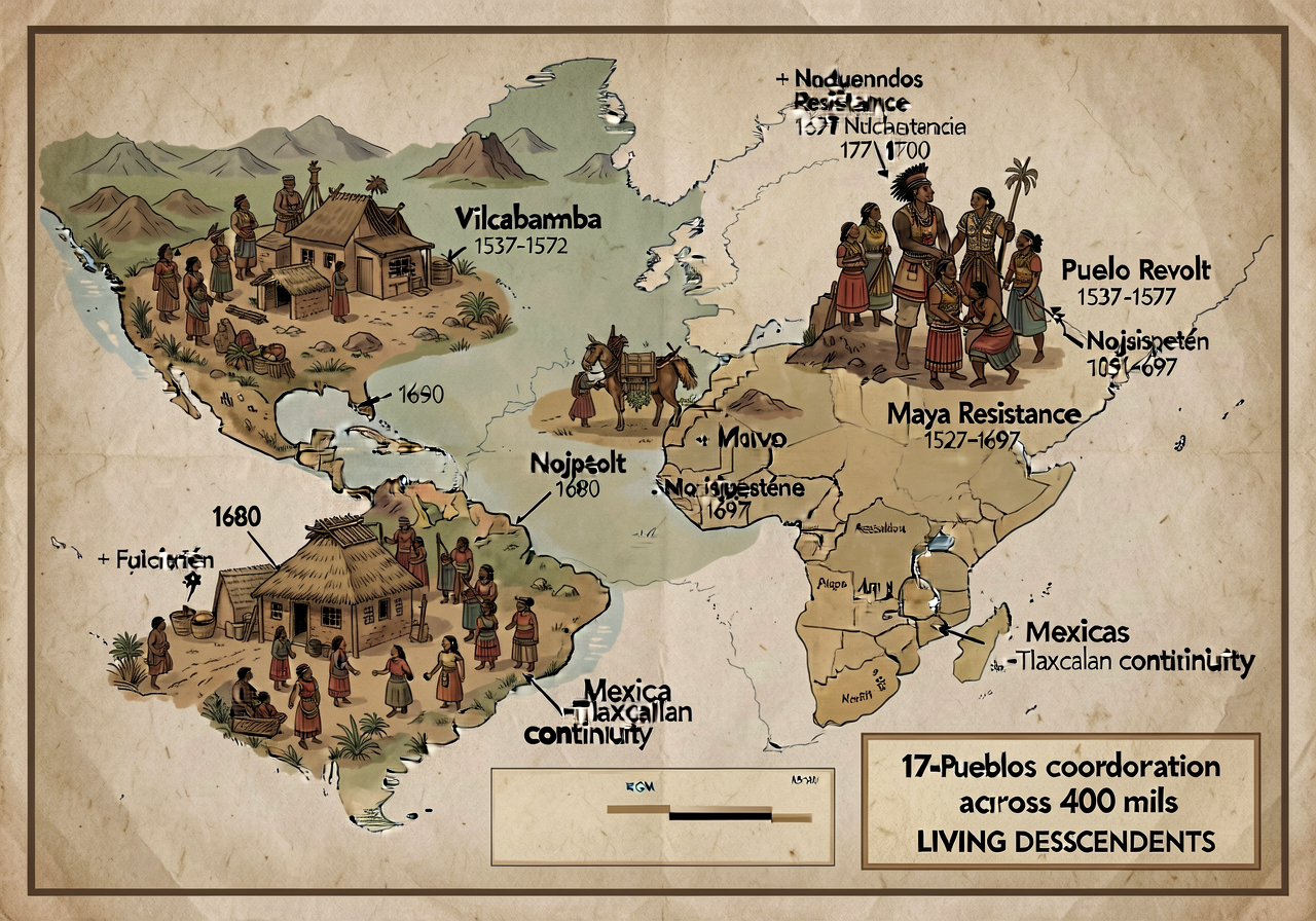 24x36 inch wall poster MG-17 showing 4 major Indigenous resistance centers 1521-1700: Vilcabamba 1537-1572 + Maya resist
