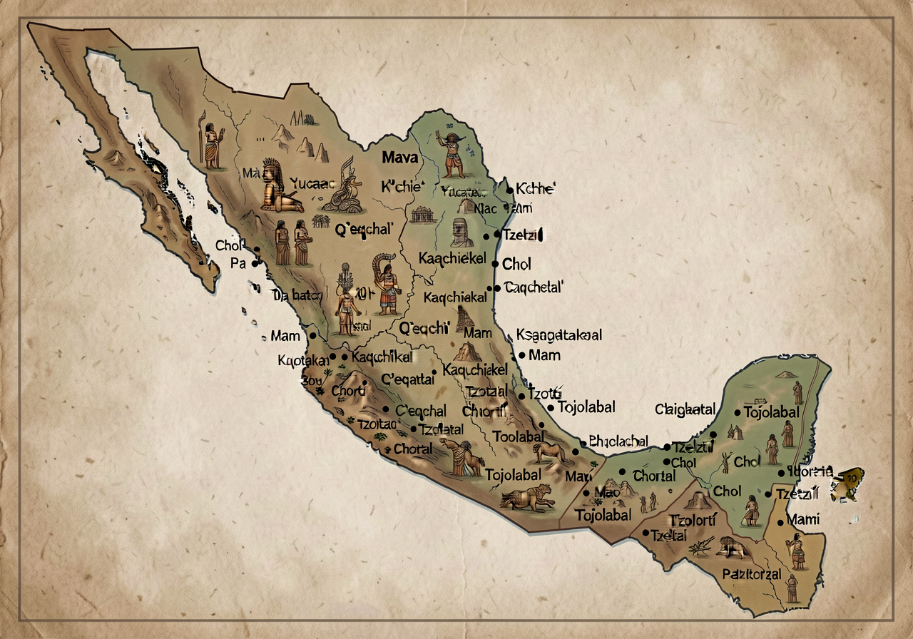 18x24 inch detail map showing Maya region across Mexico/Guatemala/Belize/Honduras with 30+ Maya languages located (Yucat