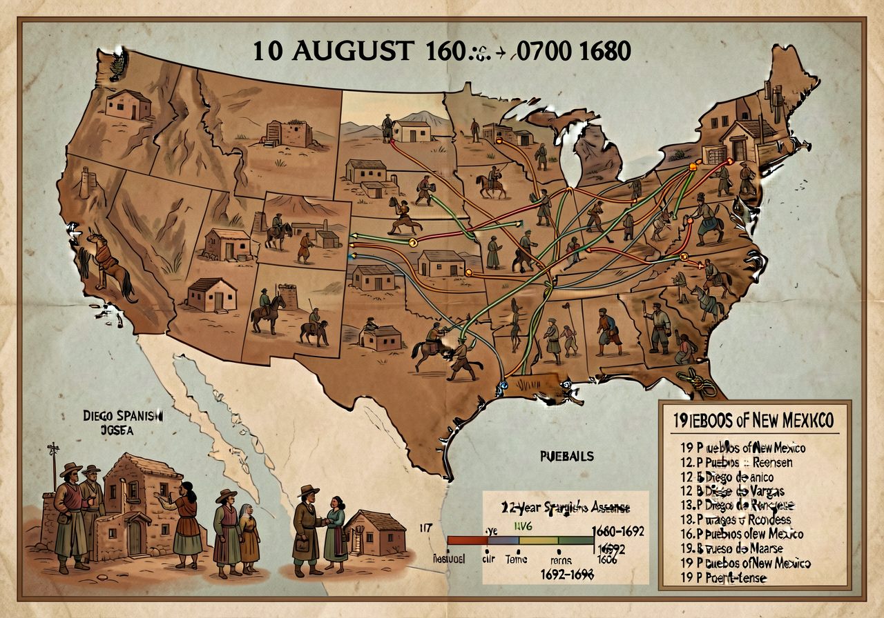 24x36 inch poster showing 17 Pueblos coordinated for 10 August 1680 across 400 miles with runner-routes overlaid + knott