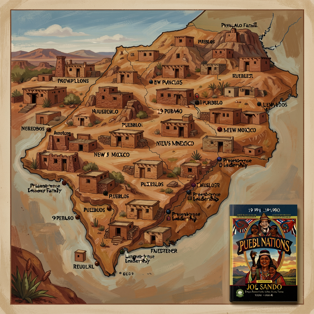 18x24 inch poster showing 19 Pueblos of New Mexico with each named + located on map + language family + present-tense le