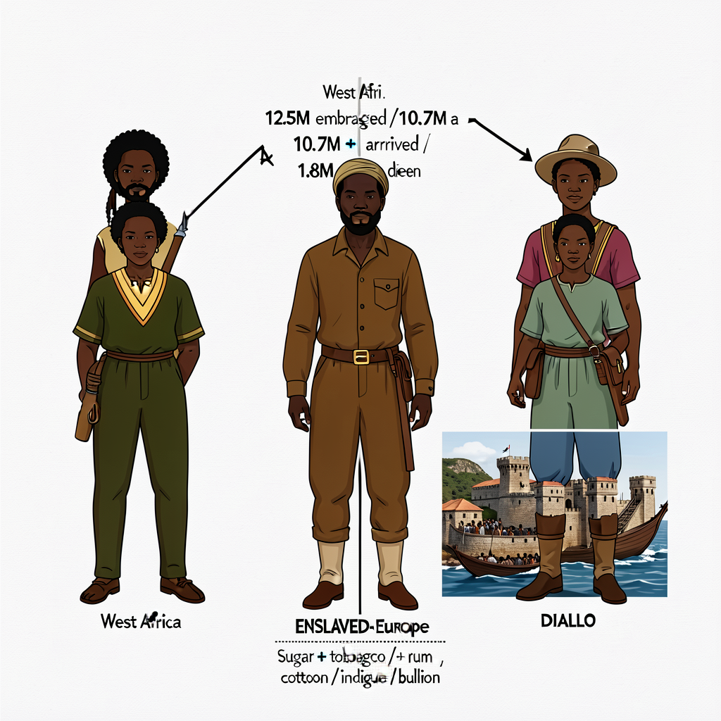 24x36 inch wall poster MG-18 showing three legs: Europe→West Africa manufactured goods; West Africa→Americas Middle Pass