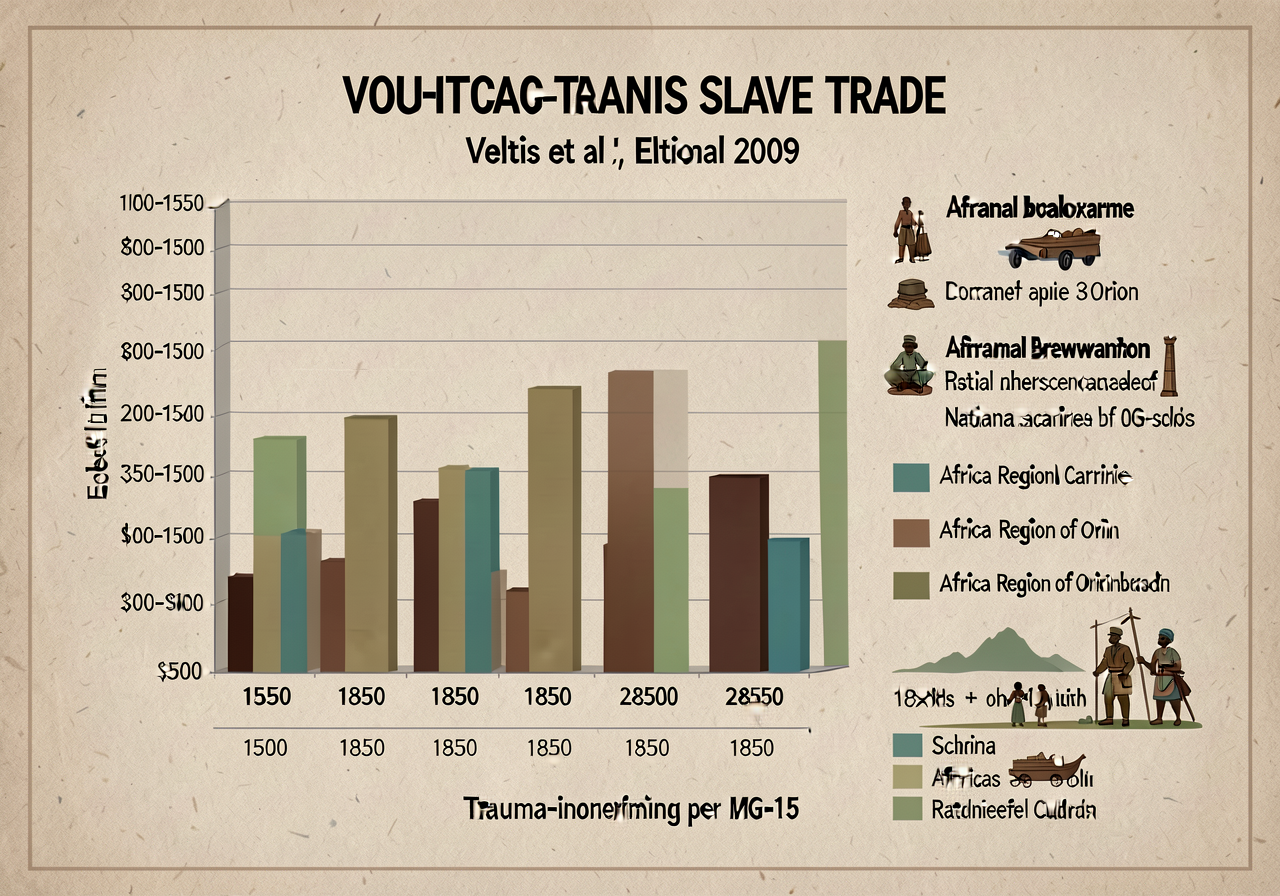 18x24 inch chart MG-19 showing volume of trans-Atlantic slave trade per Eltis et al. 2009 by decade 1500-1850 + national