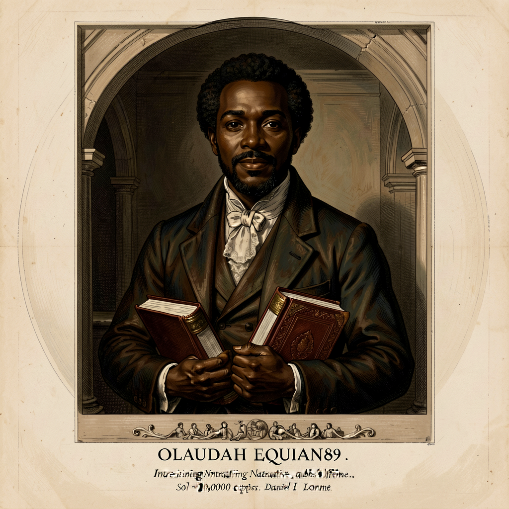 High-resolution reproduction of frontispiece engraving of Olaudah Equiano 1789 Interesting Narrative — Equiano shown wit