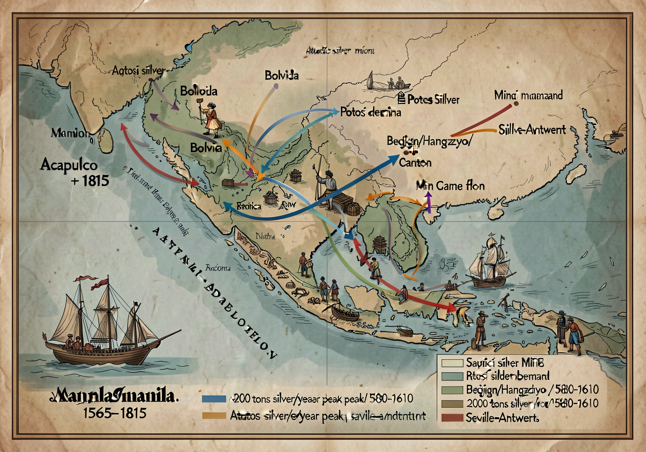 24x36 inch wall map showing Manila Galleon route Acapulco-Manila 1565-1815 + Potosí silver mine Bolivia + Ming silver-de