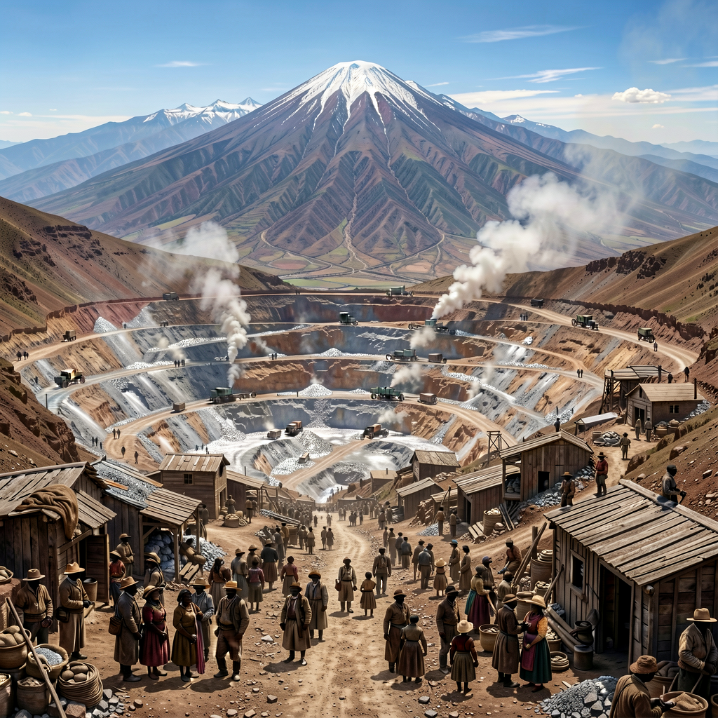 High-resolution historical photograph of Potosí silver mine + Cerro Rico Bolivia — Mountain visible from space; mining s