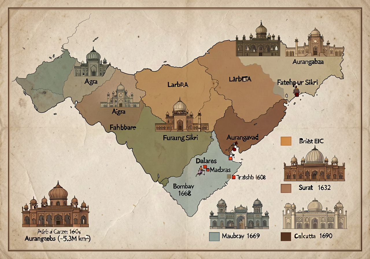 24x36 inch laminated MG-20 showing Mughal territorial extent at peak under Aurangzeb 1690s (~5.3M km²) + four phases col