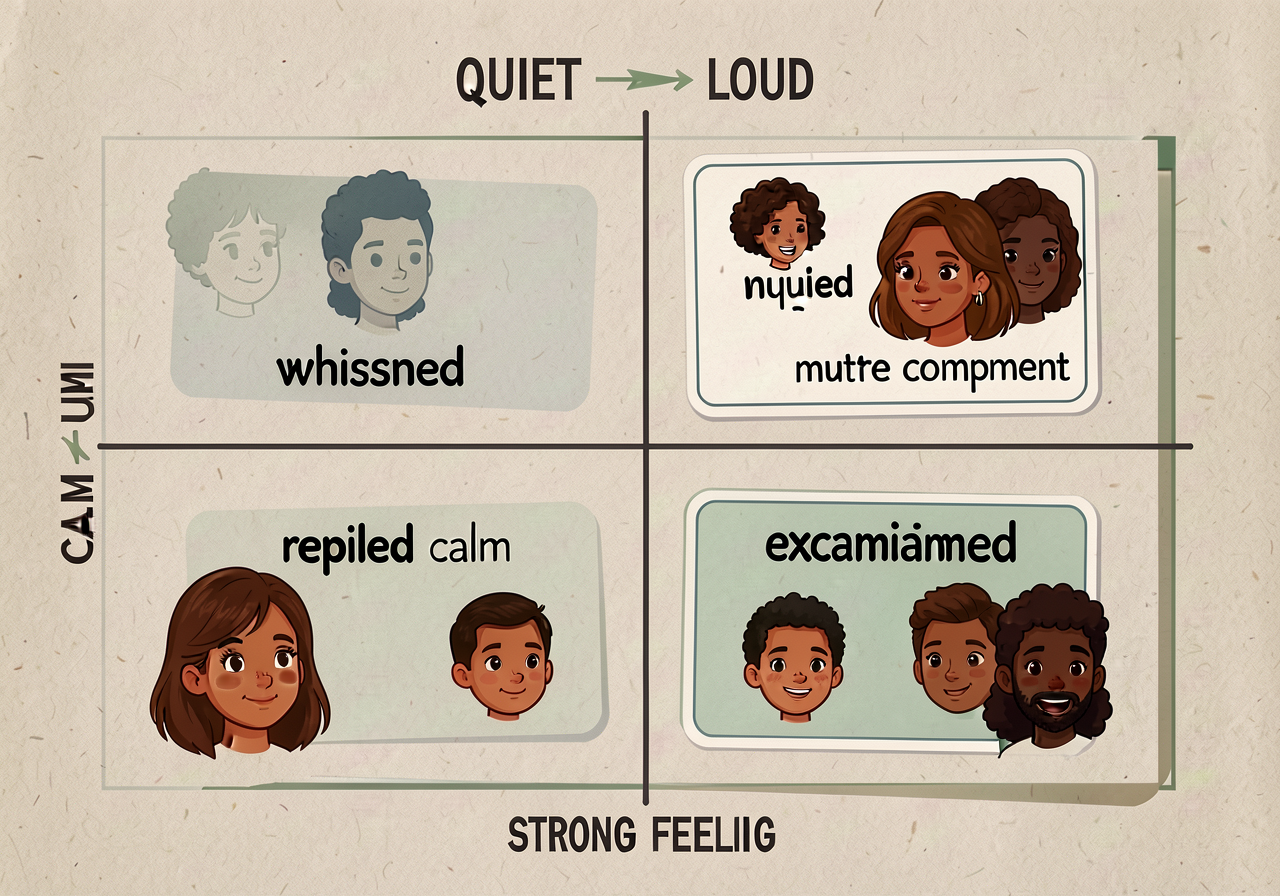 Continuum strip at 11x17: horizontal axis labeled QUIET ← → LOUD; vertical axis labeled CALM ← → STRONG FEELING. Four ve