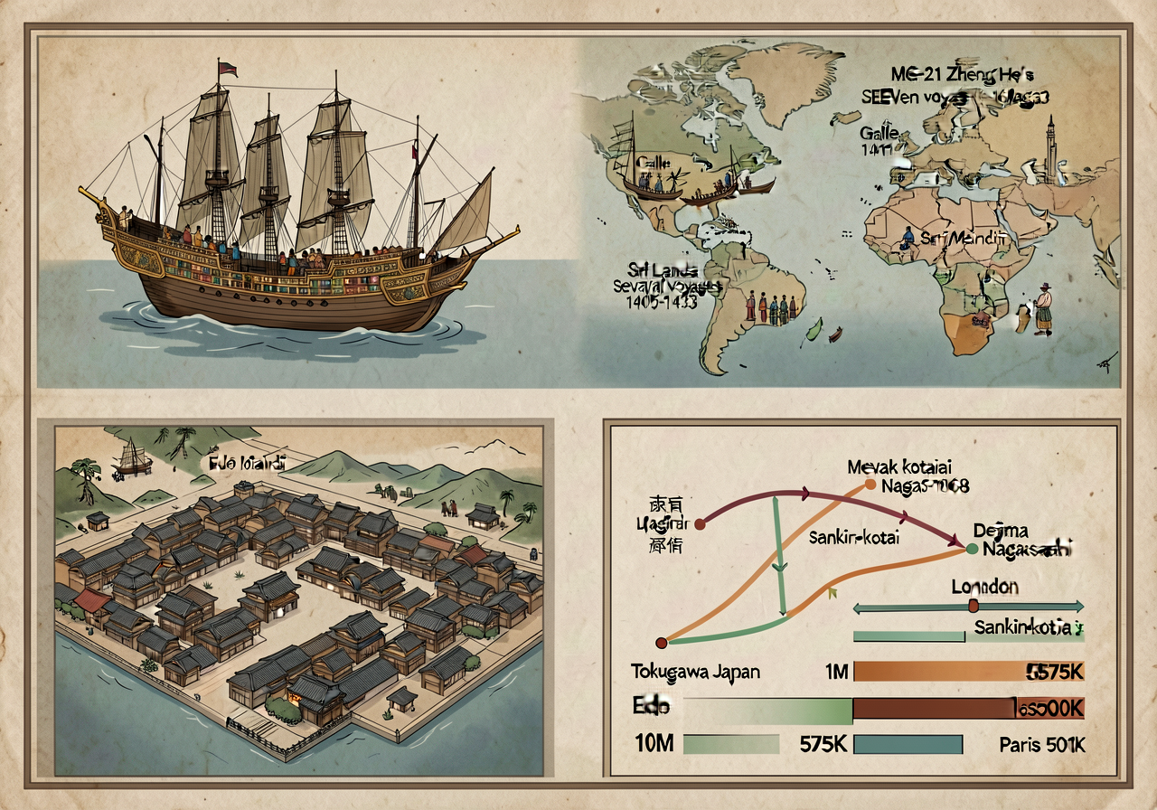 Combined display: MG-21 Zheng He's SEVEN voyages 1405-1433 with treasure-ship vs. Santa María scale + Sri Lanka trilingu