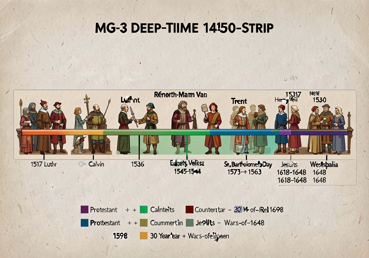 36x12 inch laminated MG-3 Deep-Time Strip 1450-1750 with Reformation timeline overlay: Luther 1517 + Calvin 1536 + Henry