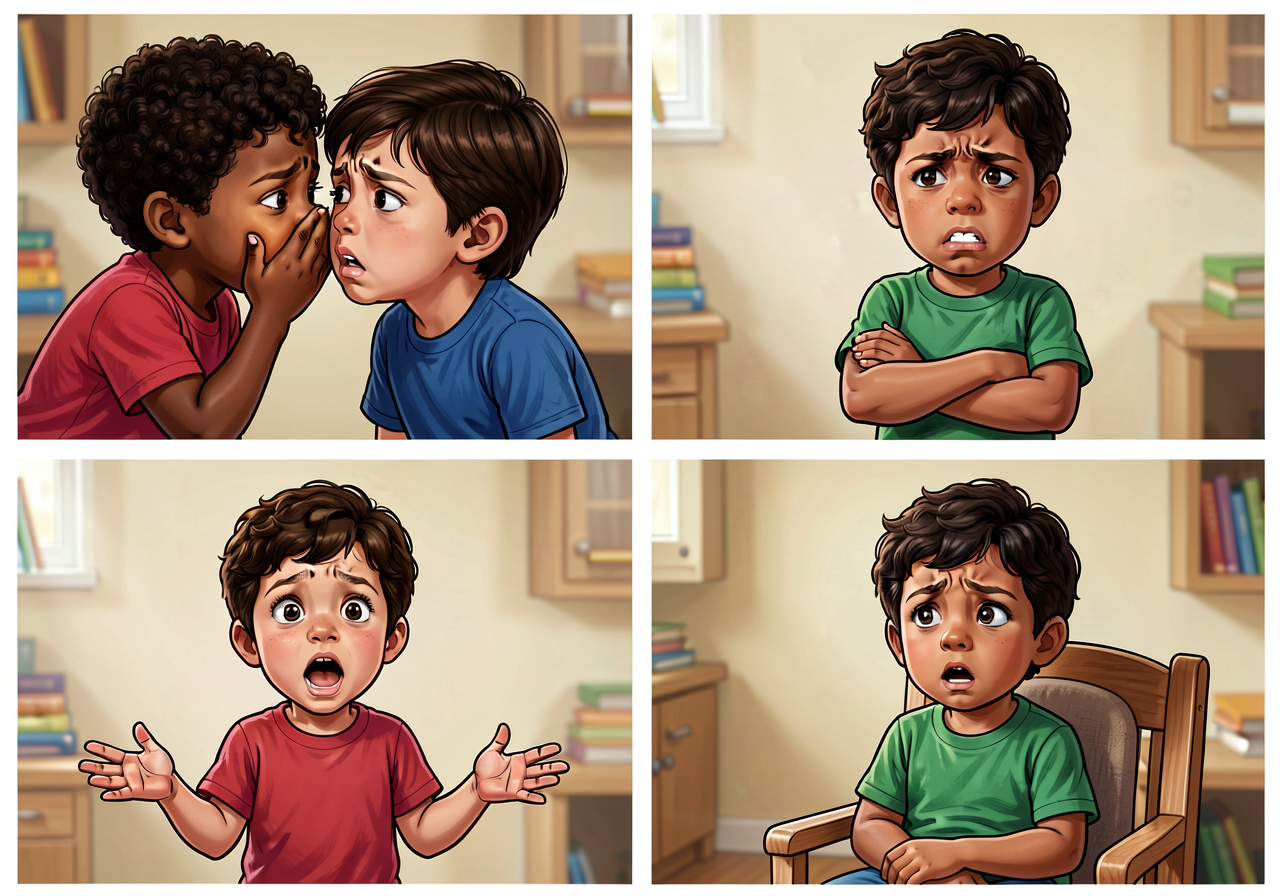 Photo grid of 4 culturally-inclusive Grade-3 scenarios: (1) two children leaning close, one cupping a hand to the other'