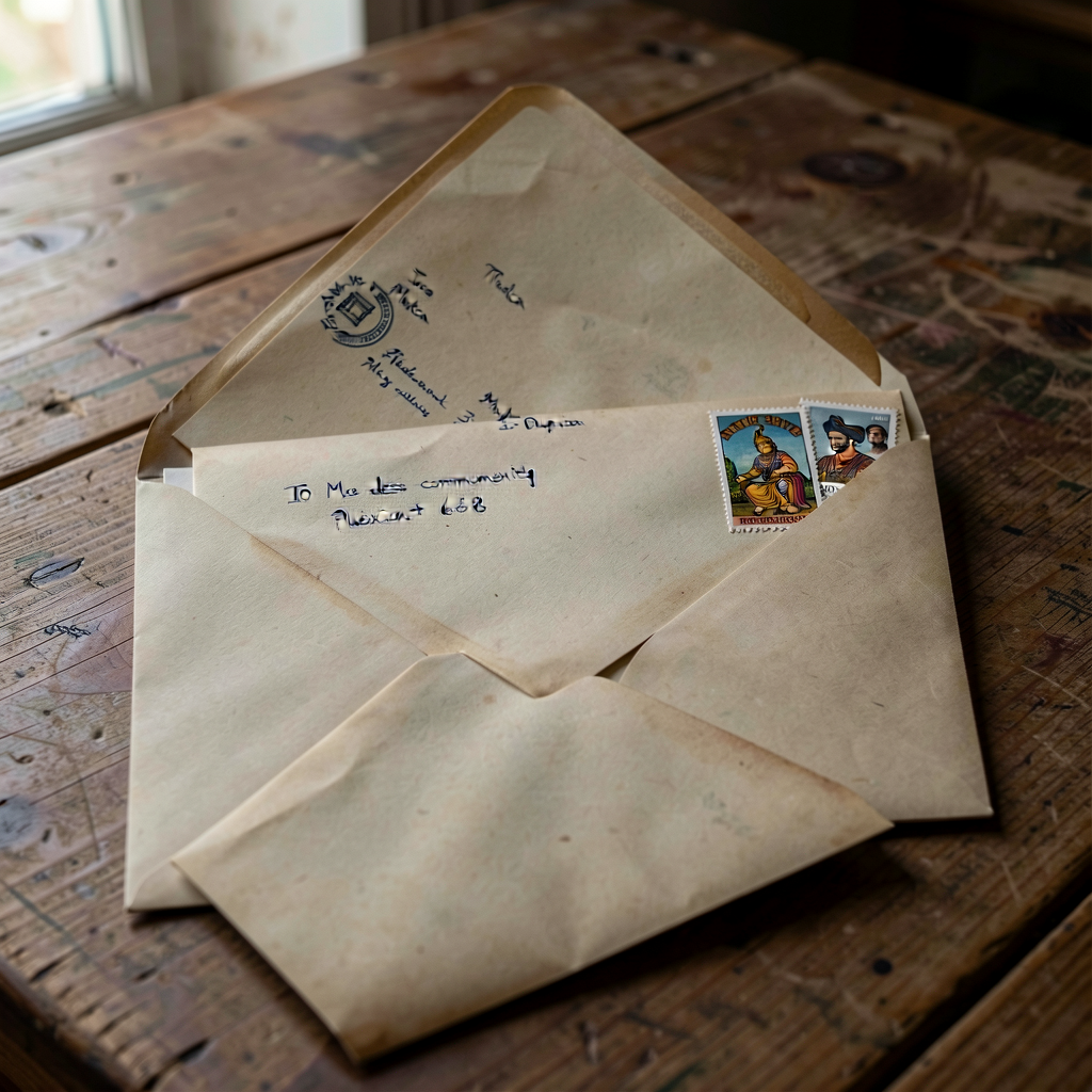 Photograph of class envelopes with letters ready to mail to 10 named descendant-community institutions across Mexica + I