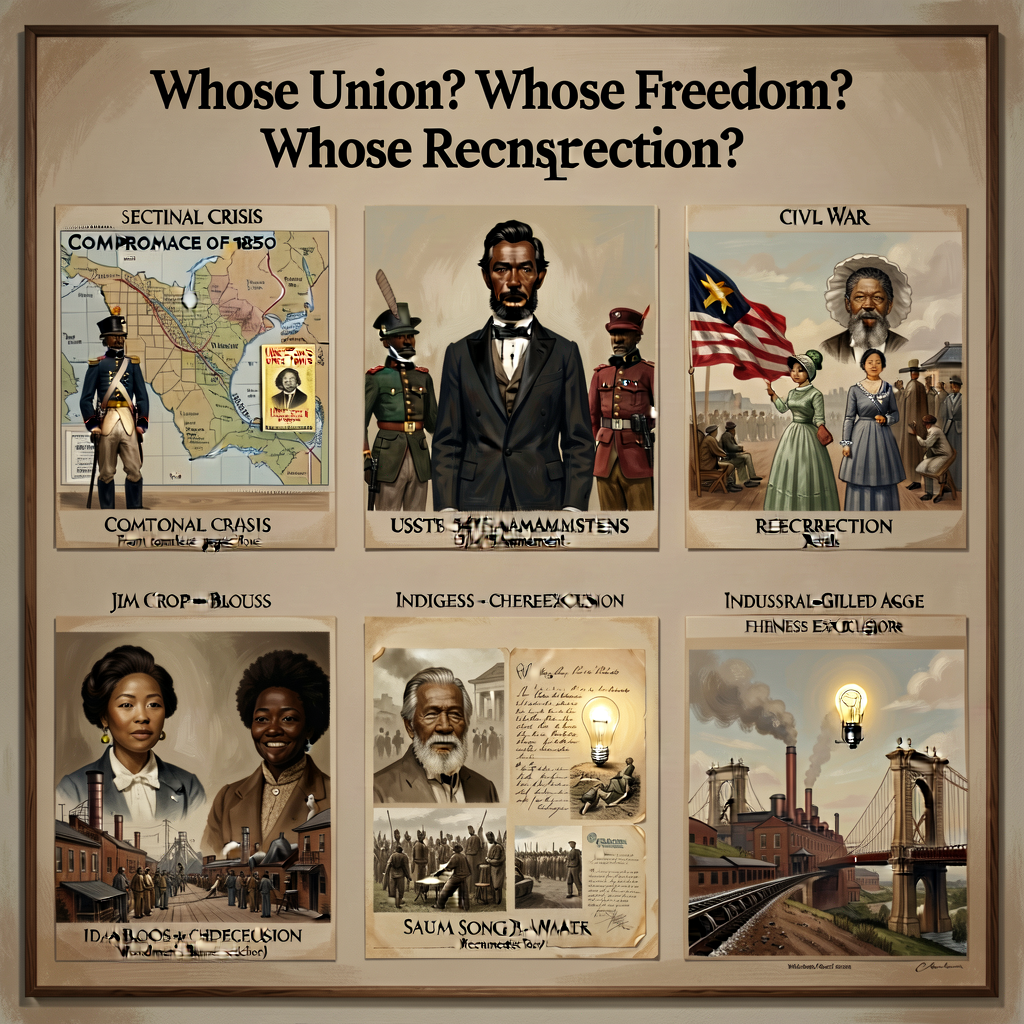 Unit-opener splash — 24x36 inch wall display titled 'Whose Union? Whose Freedom? Whose Reconstruction?' showing five vis