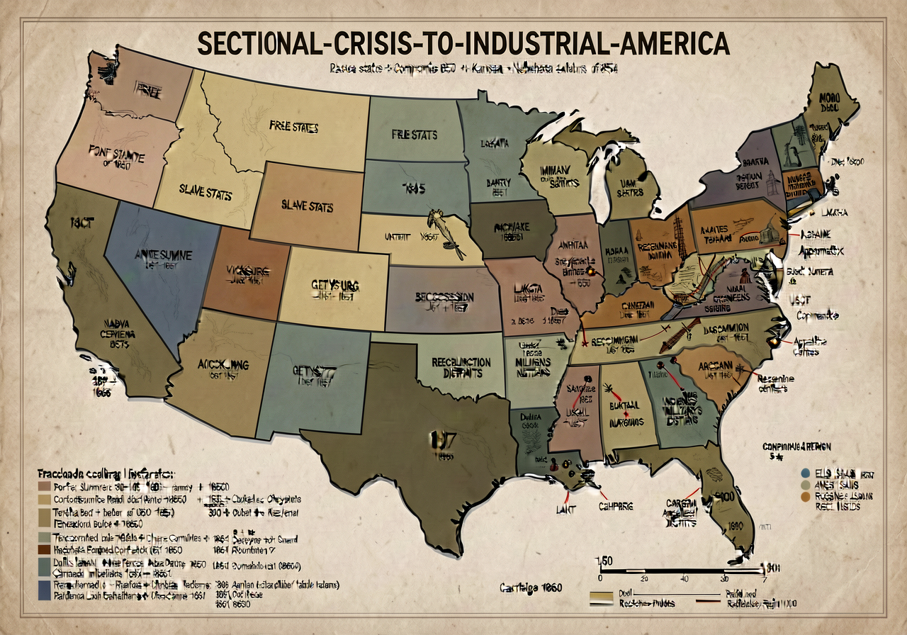 SECTIONAL-CRISIS-TO-INDUSTRIAL-AMERICA Atlas — 36x48 inch wall display US map 1850 / 1860 / 1865 / 1877 / 1900 (5 layere