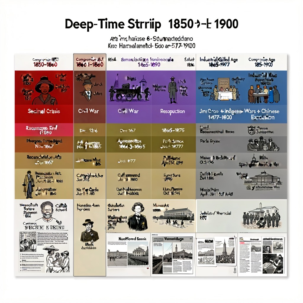 Deep-Time Strip 1850-1900 — 24-inch laminated horizontal strip + student handouts showing 50-year arc with 5 thematic-ar