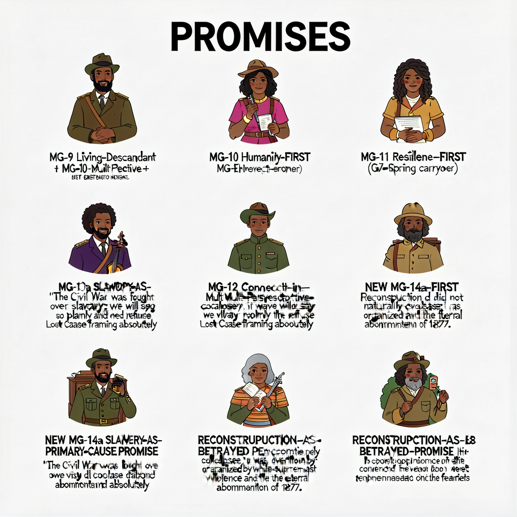 Seven Promises Poster — 18x24 inch wall display showing all 7 PROMISES: MG-9 Living-Descendant + MG-10 Humanity-FIRST + 