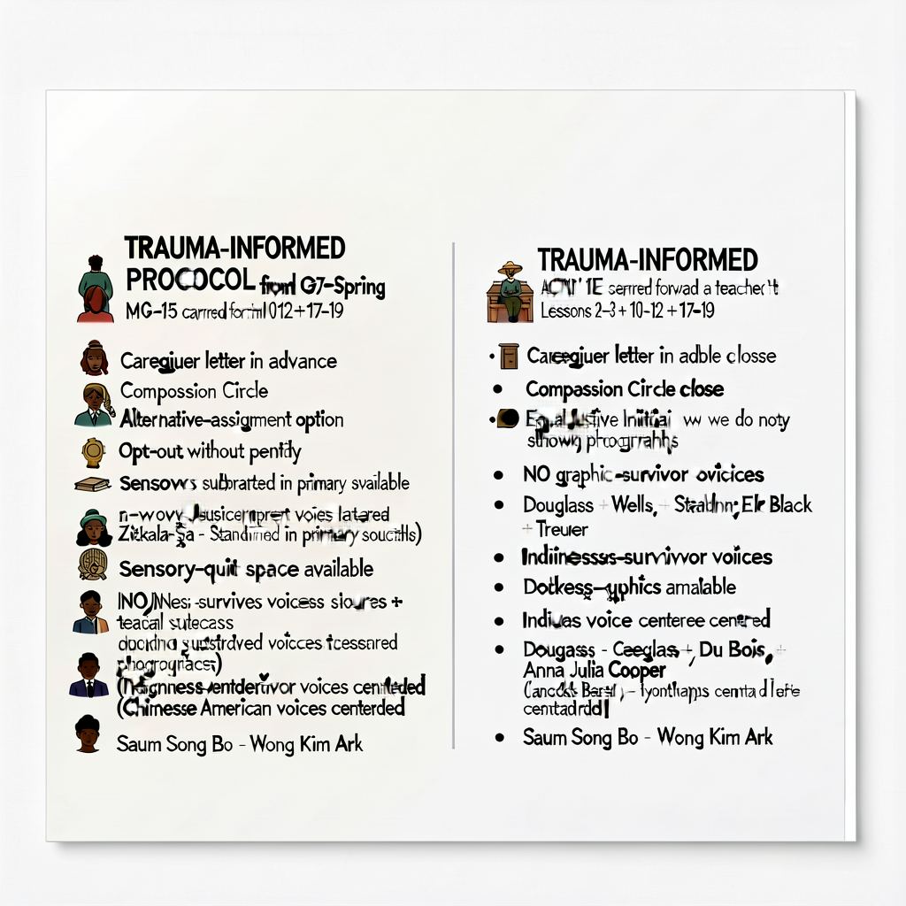 TRAUMA-INFORMED PROTOCOL Card (MG-15 carried forward from G7-Spring) — 8.5x11 laminated double-sided card displayed at t