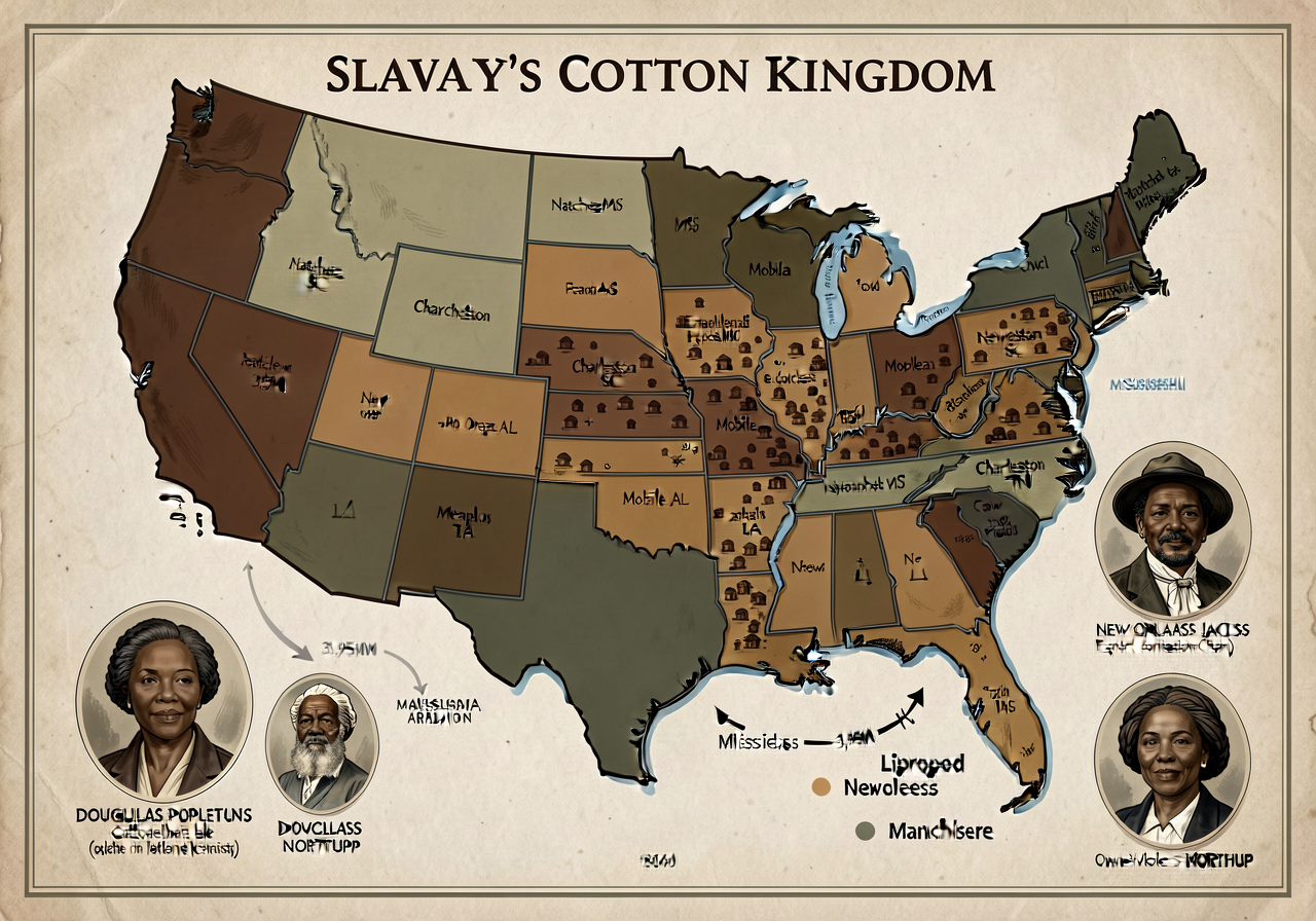 Slavery's Cotton Kingdom 1860 — 24x36 inch map of US South 1860 showing cotton-belt counties shaded by enslaved populati