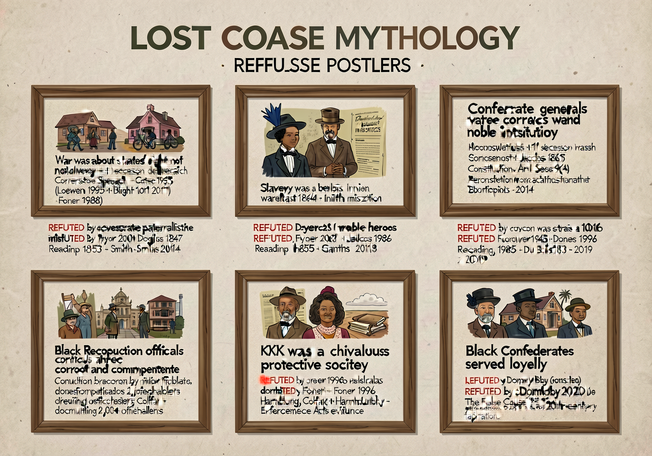 Lost Cause Mythology Refusal Poster — 24x36 inch wall display with 7 named Lost Cause framings each REFUTED with primary